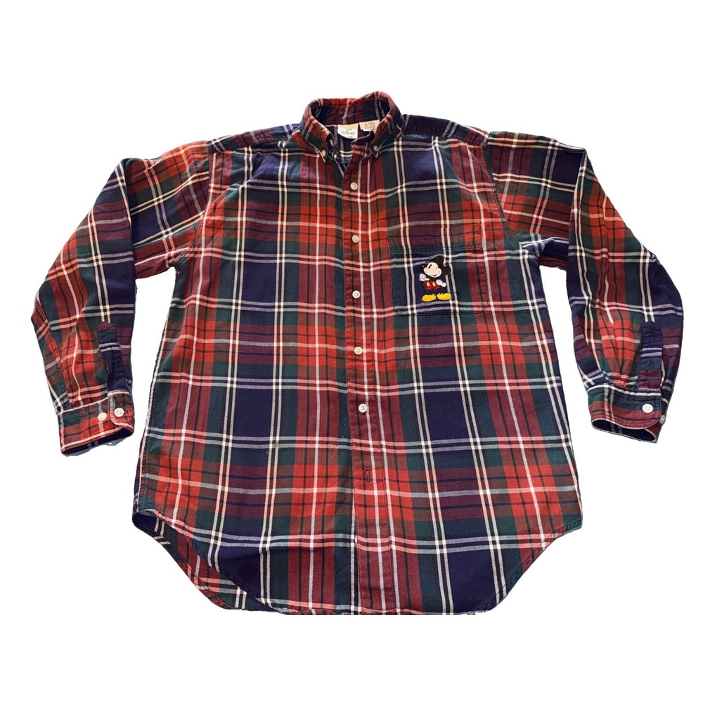 VTG 90s Disney Store Mickey Mouse Small Flannel Button Shirt Plaid